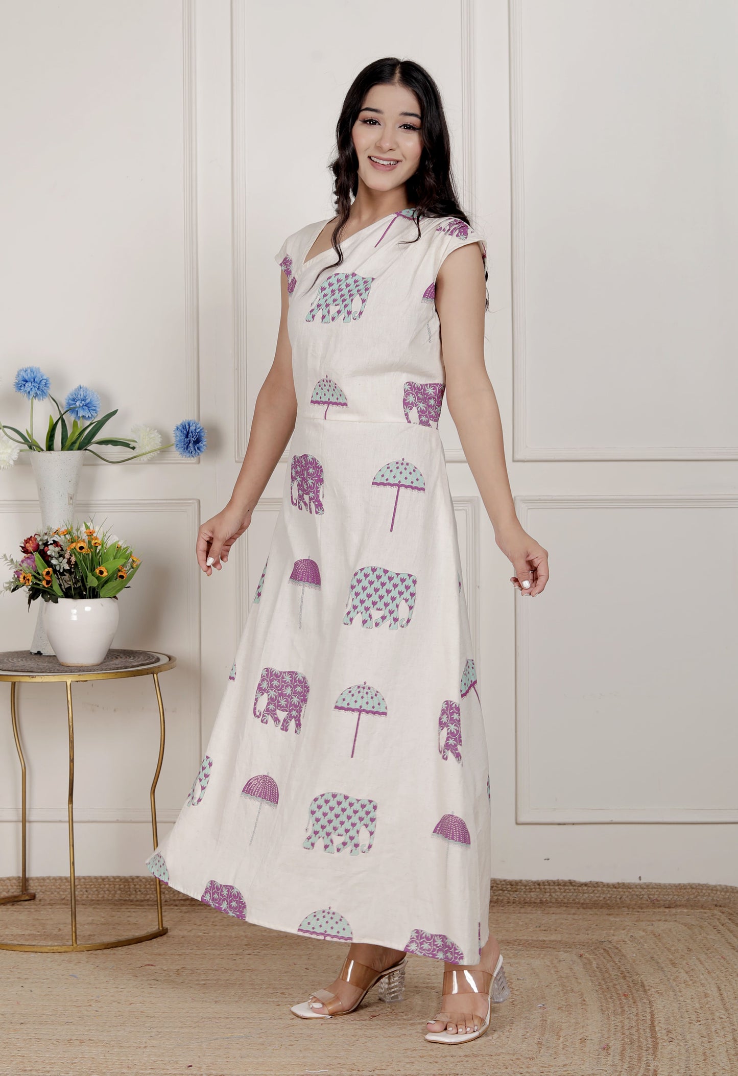 Miravan Womens Off-White Animal printed Asymmetric neck A-line Maxi dress