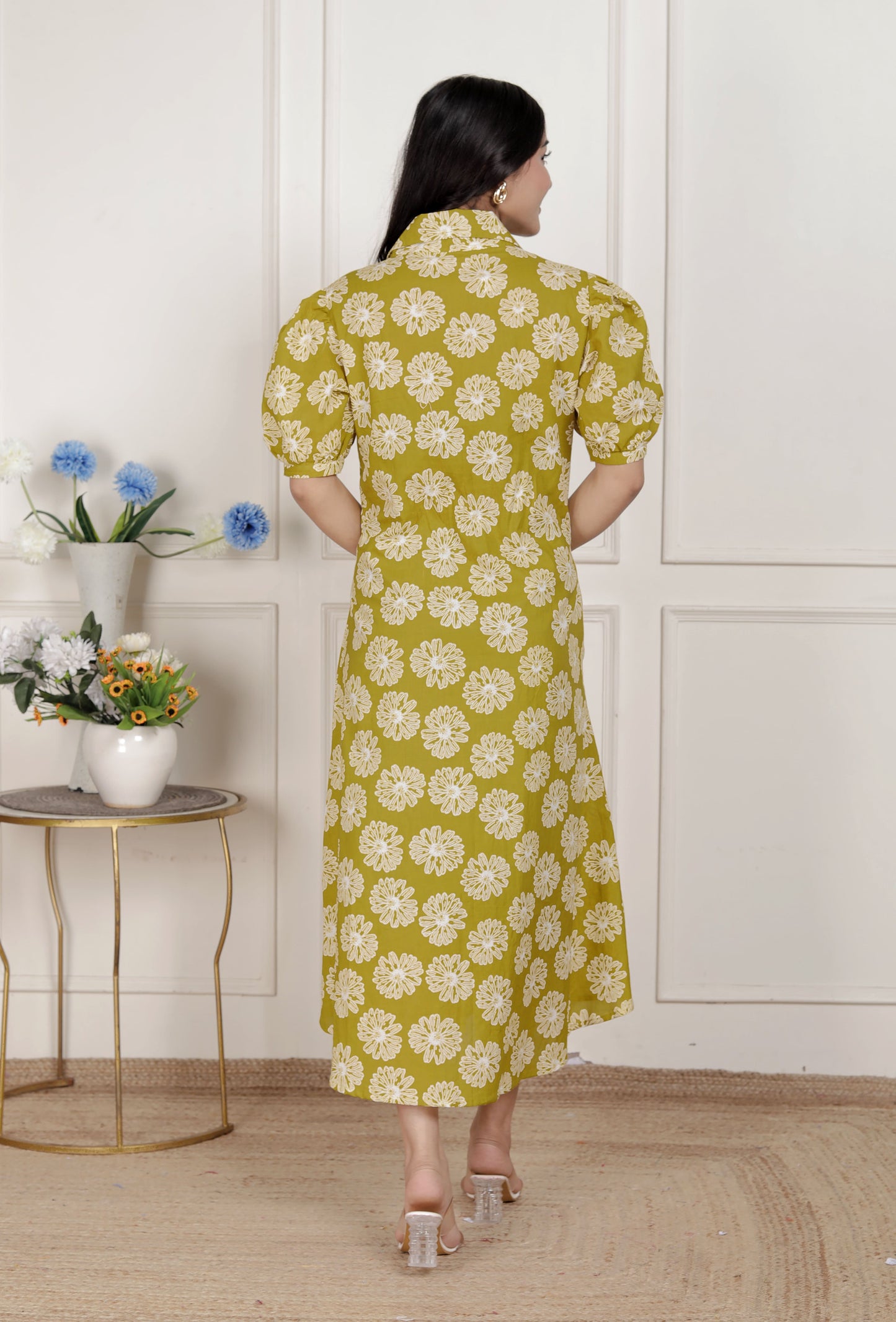 Miravan Women's Yellow Printed Puff Sleeve Floral Maxi Party Dress