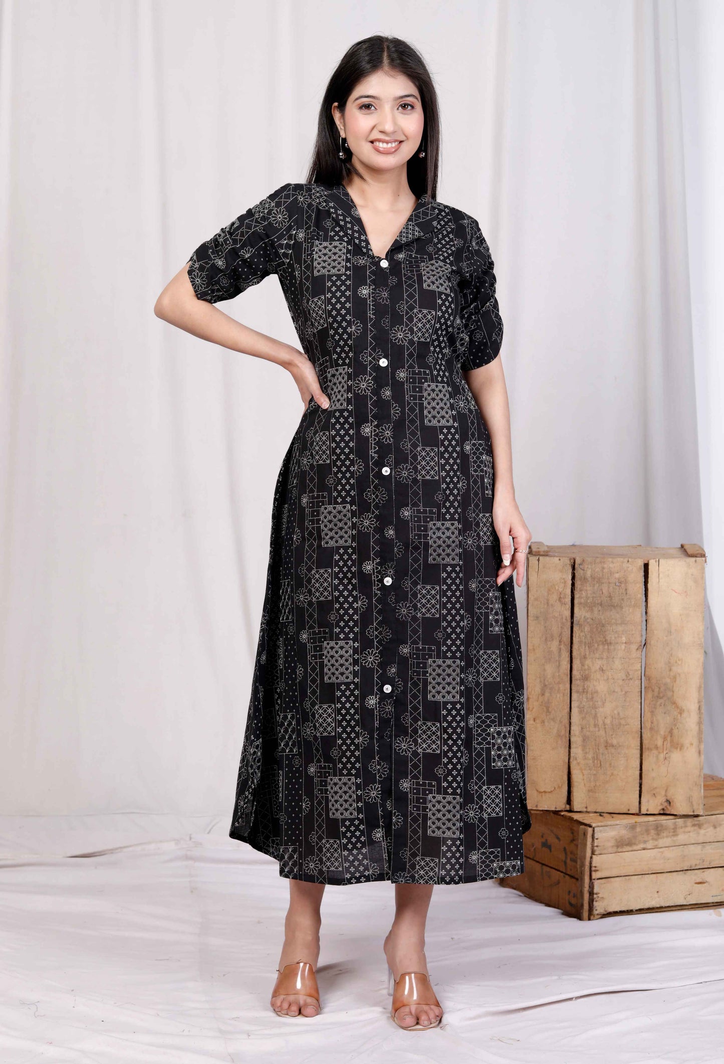 Miravan Womens Pure Cotton Black Floral Printed Front Button A-Line Midi Dress