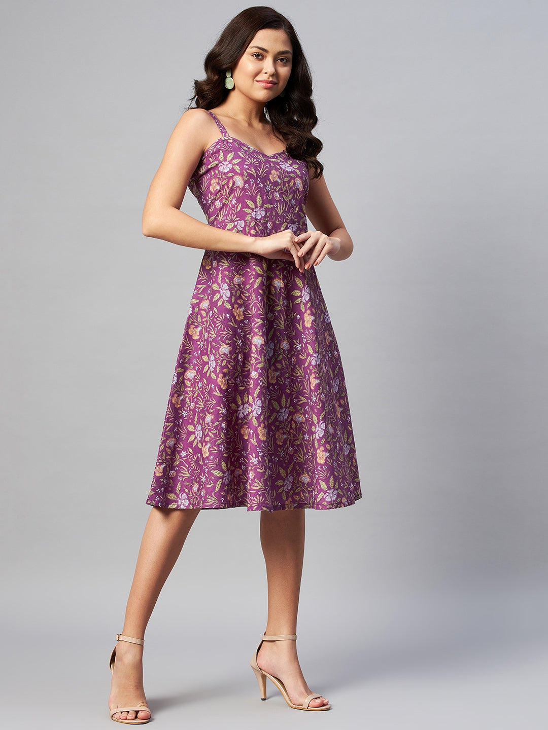 Women's Purple Floral Printed Midi Length Dress - Miravan