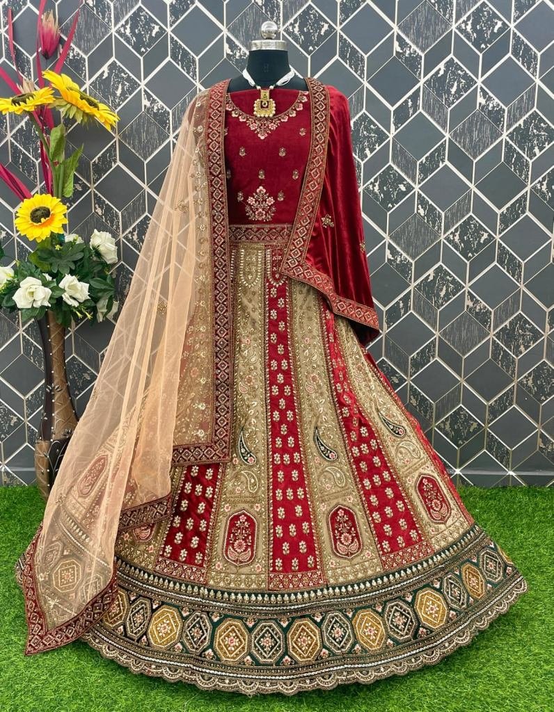 Adorable Maroon Embroidered Velvet Bridal Lehenga Choli With Dupatta