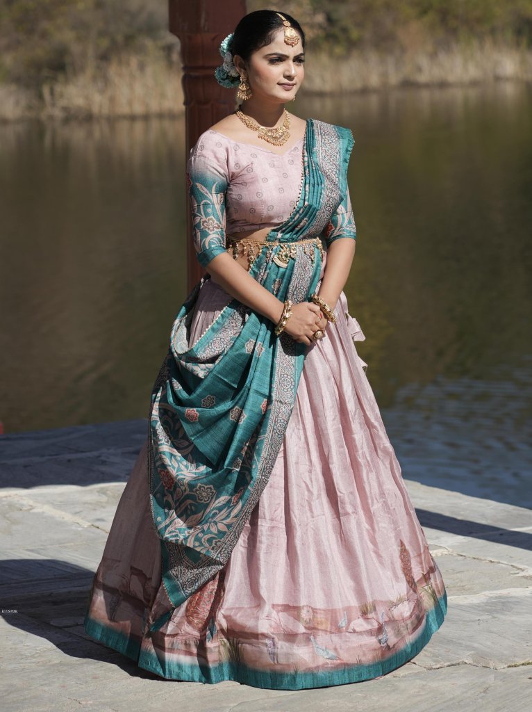Aesthetic Pink Kalamkari printed Lehenga Blouse With Dupatta