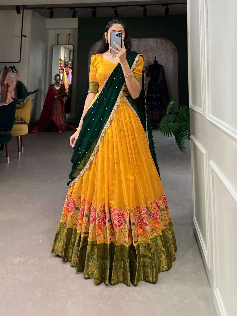 Beautiful Embroidery Work Yellow Cotton Silk Lehenga Choli With Attractive Dupatta