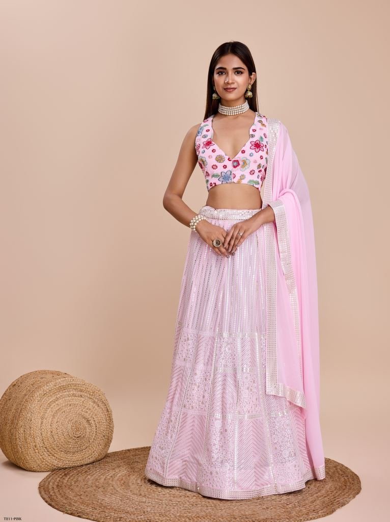 Beautiful Pink Georgette Lehenga Choli With Semi Stitched