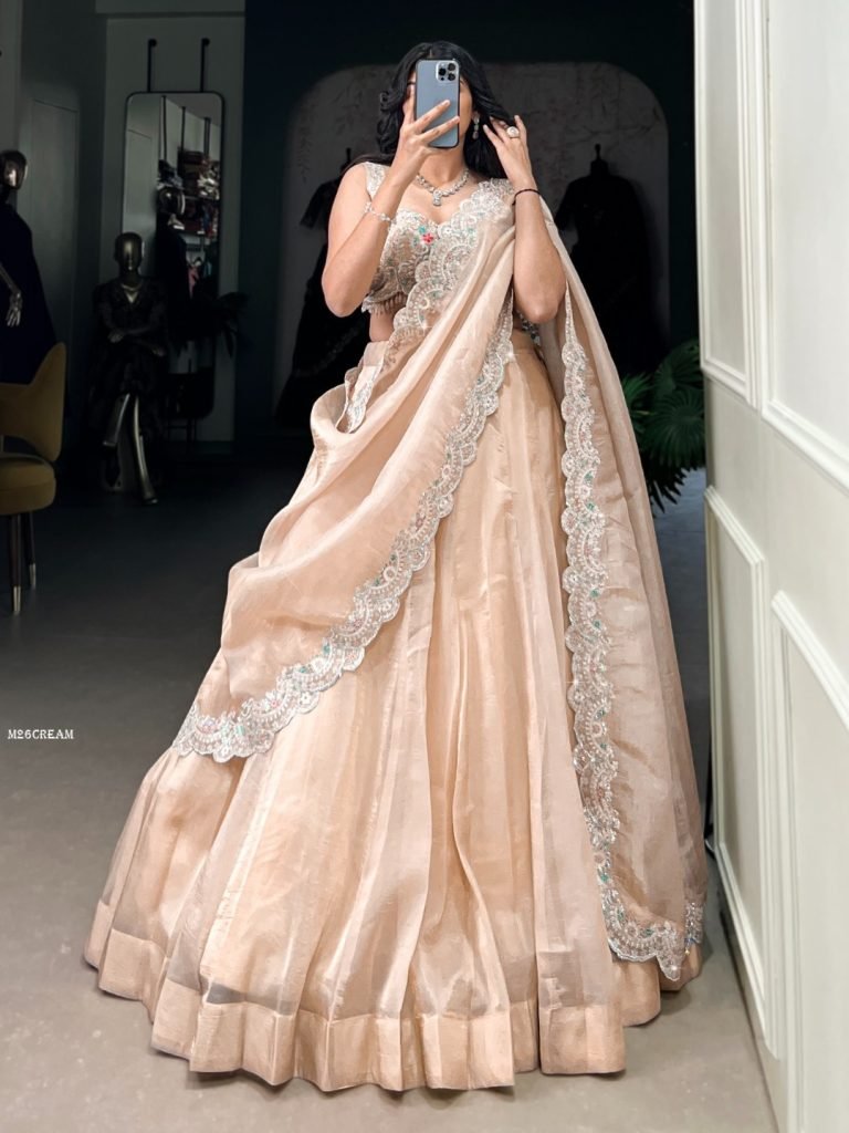 Beautiful Thread Embroidery Cream Designer Lehenga