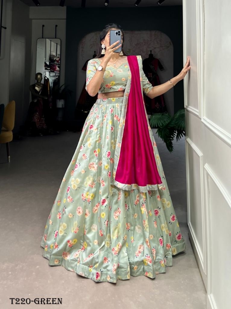 Best Pista Green Tussar Silk Floral Print Lehenga Choli