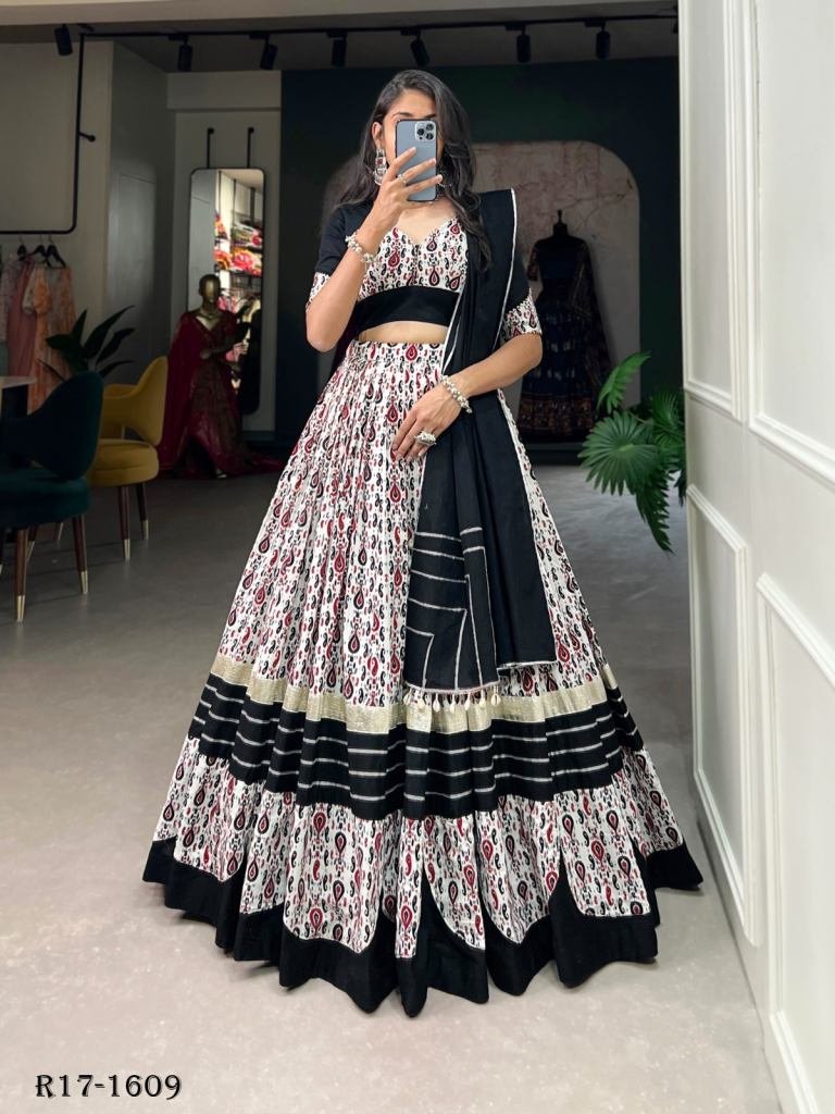 Black And White Traditional Navaratri Pure Cotton Lehenga Choli