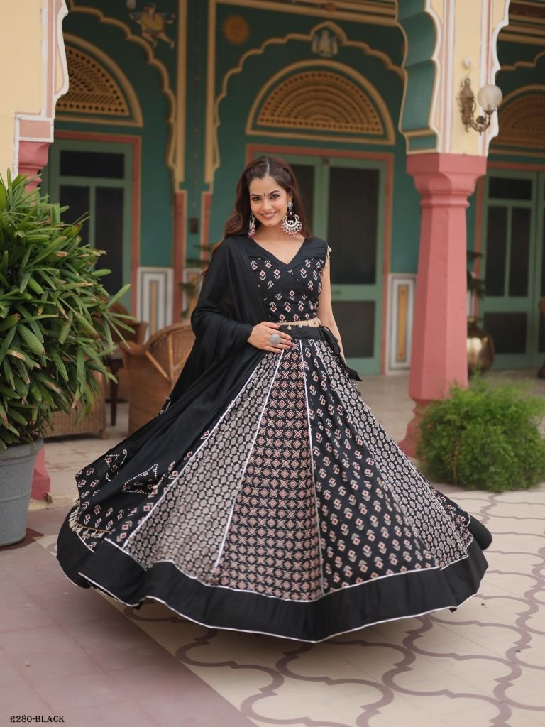 Black Fancy Printed Rayon Lehenga Choli With Gotta Patti Lace