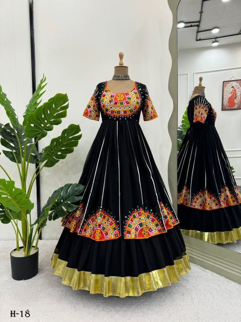 Black Faux Georgette Chain Stitch Work Navratri Special Gown Lehenga