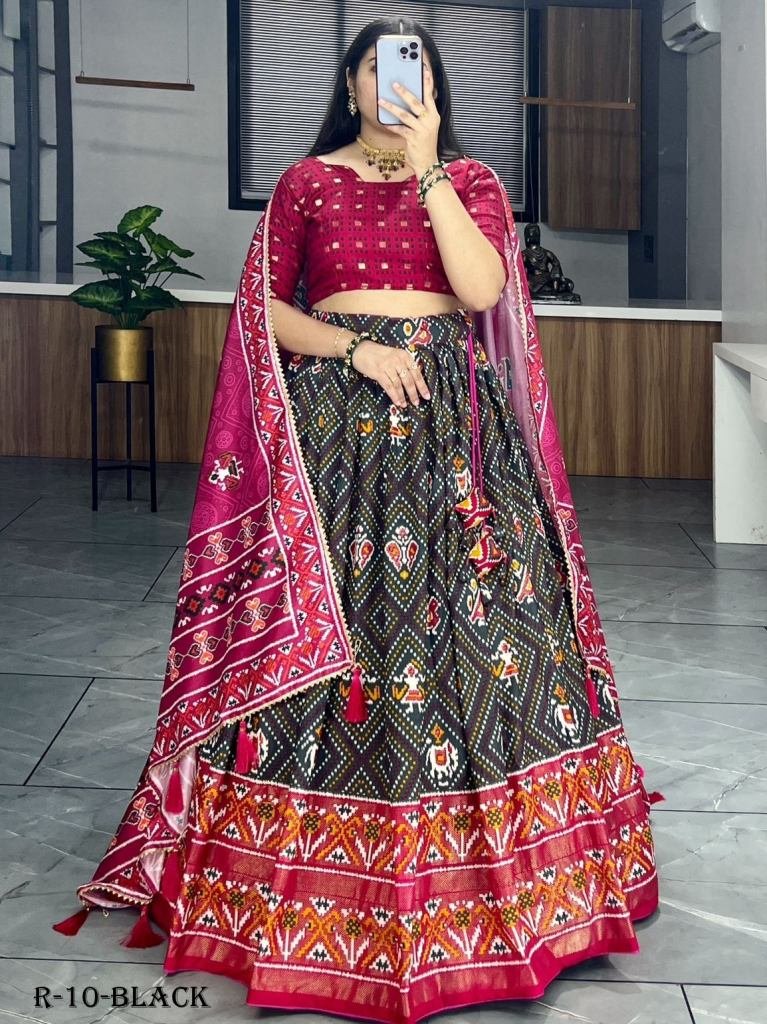 Black Patola And Bandhani Print Tussar Silk Lehenga Choli With Pink Blouse