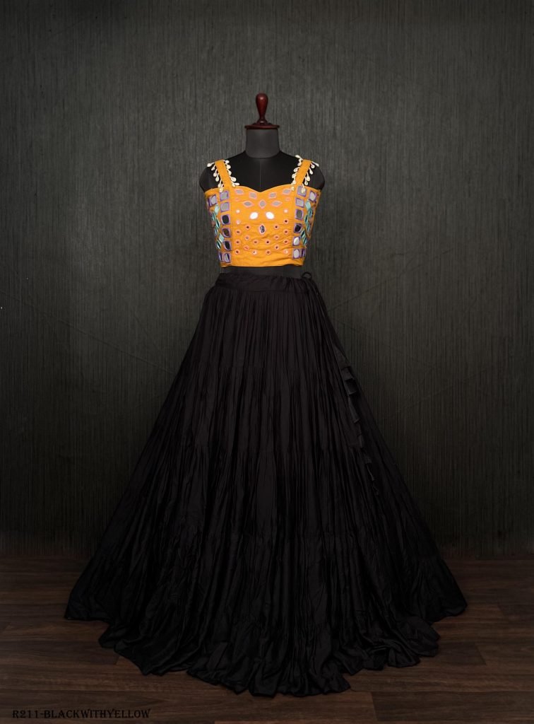 Black Real Mirror Work Rayon Navratri Lehenga Choli With Yellow Blouse