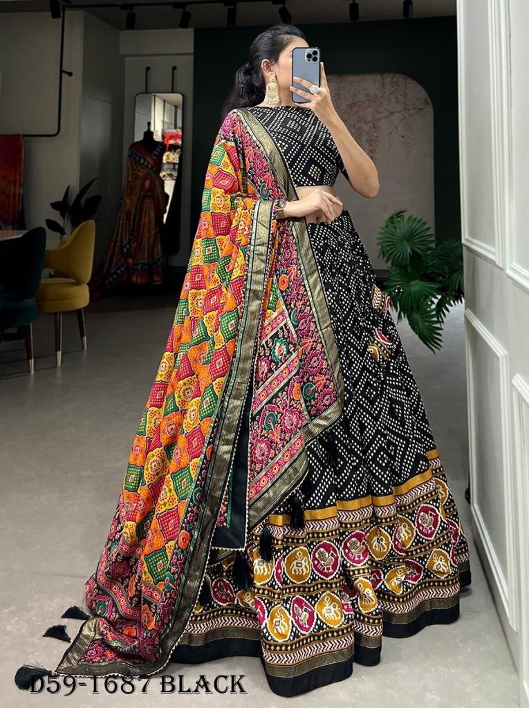 Black Tussar Silk Lehenga with Bandhej Print and Foil Work