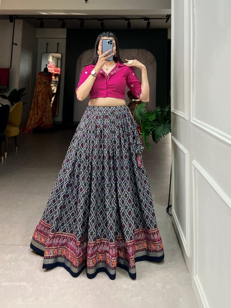 Blue Patola With Foil Print Cotton Lehenga Co ord Set