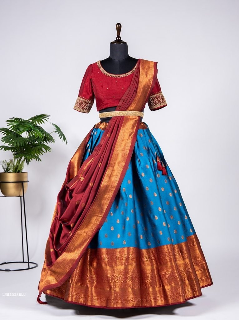 Blue Pattu Stitch Jacquard Silk Lehenga Choli