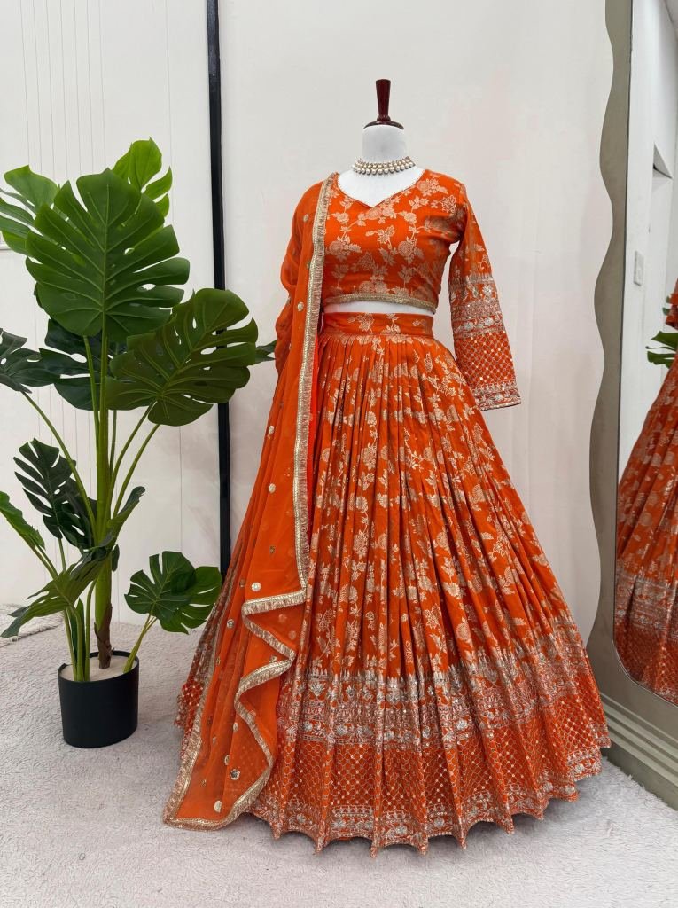 Boutique Collection Jacquard Orange Sequence Work Lehenga Choli