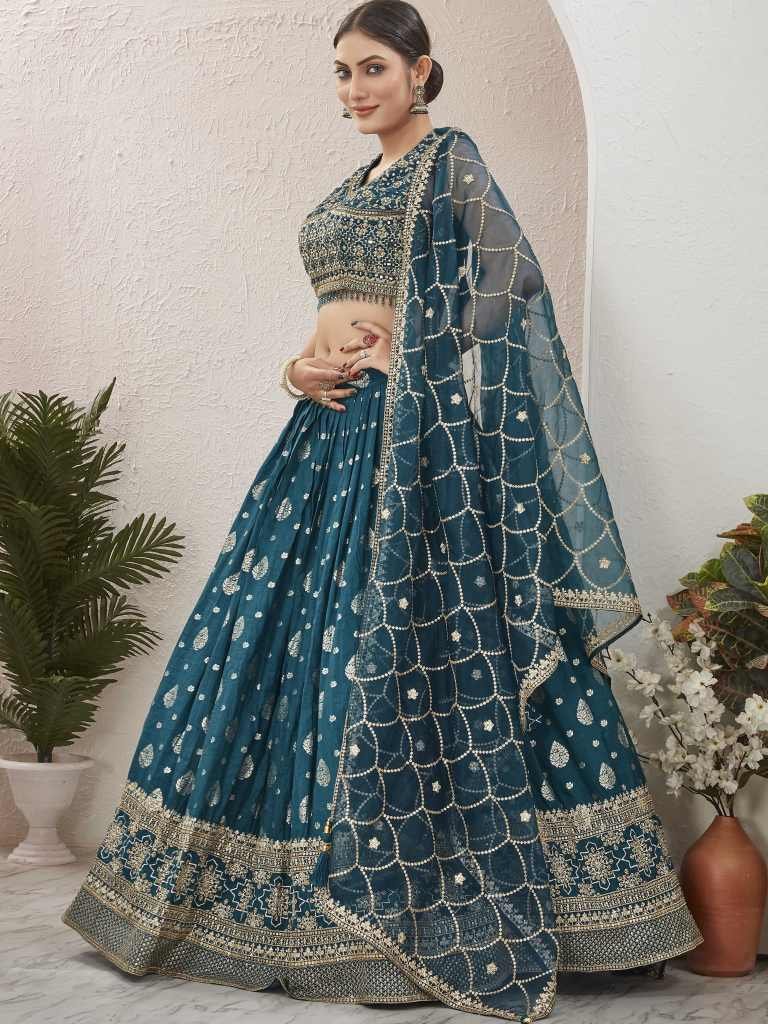 Bridal Wear Petro Blue Rama Dola Silk Embroidered Stitched Lehenga Choli