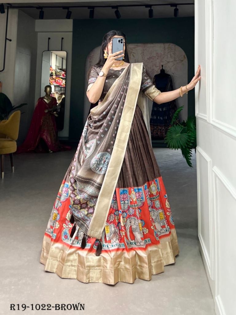 Brown Kalamkari Printed Dola Silk Lehenga Choli
