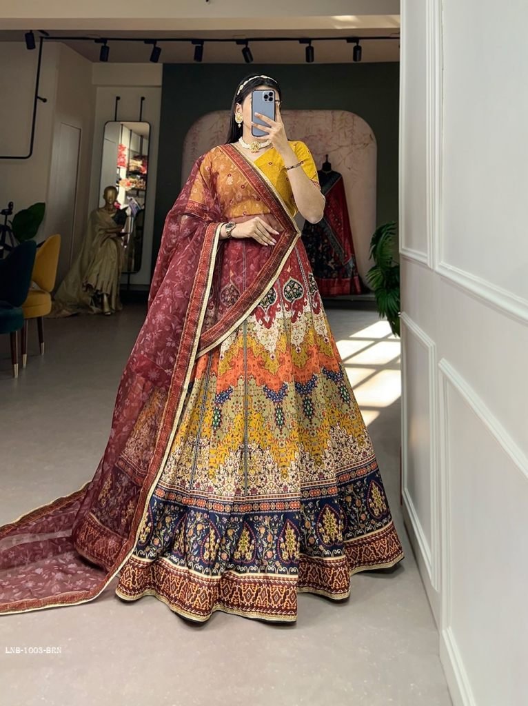 Brown Printed And Sequence Vaishali Silk Lehenga