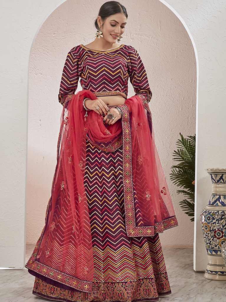 Burgundy Wine Semi Stitched Jute Silk Lehenga choli