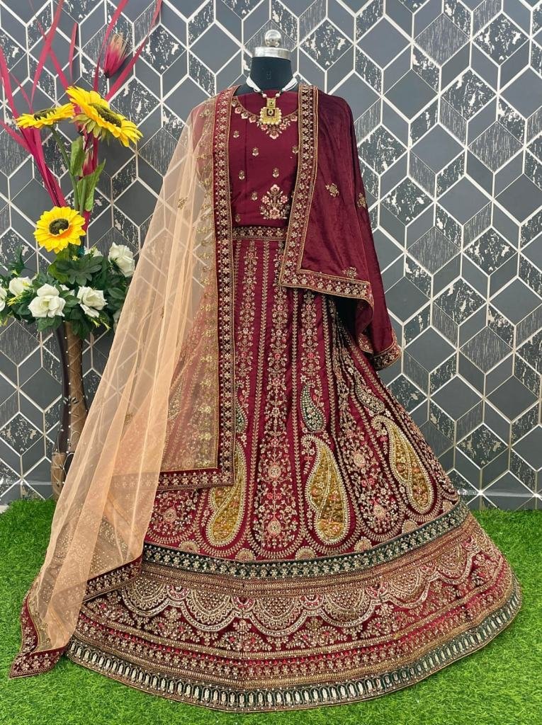 Charming Peacock Maroon Double Dupatta Bridal Lehenga