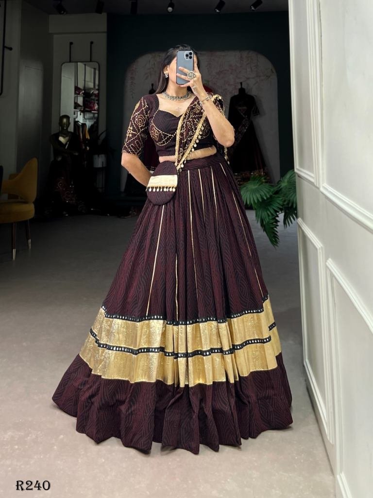 Coffee Emboss Design Lehenga Choli With Bandhej Print