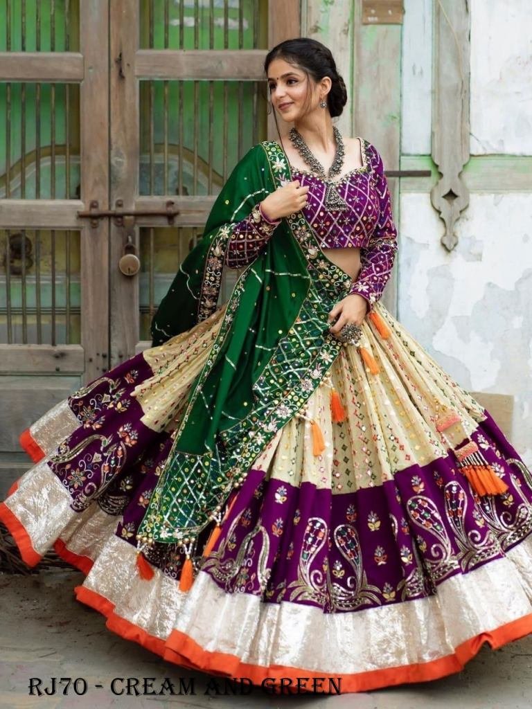 Cream And Green mirror work Gujarati garba navratri chaniya choli