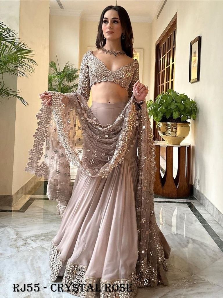 Crystal Rose Color Georgette Wedding Special Sharara Choli Set With Dupatta