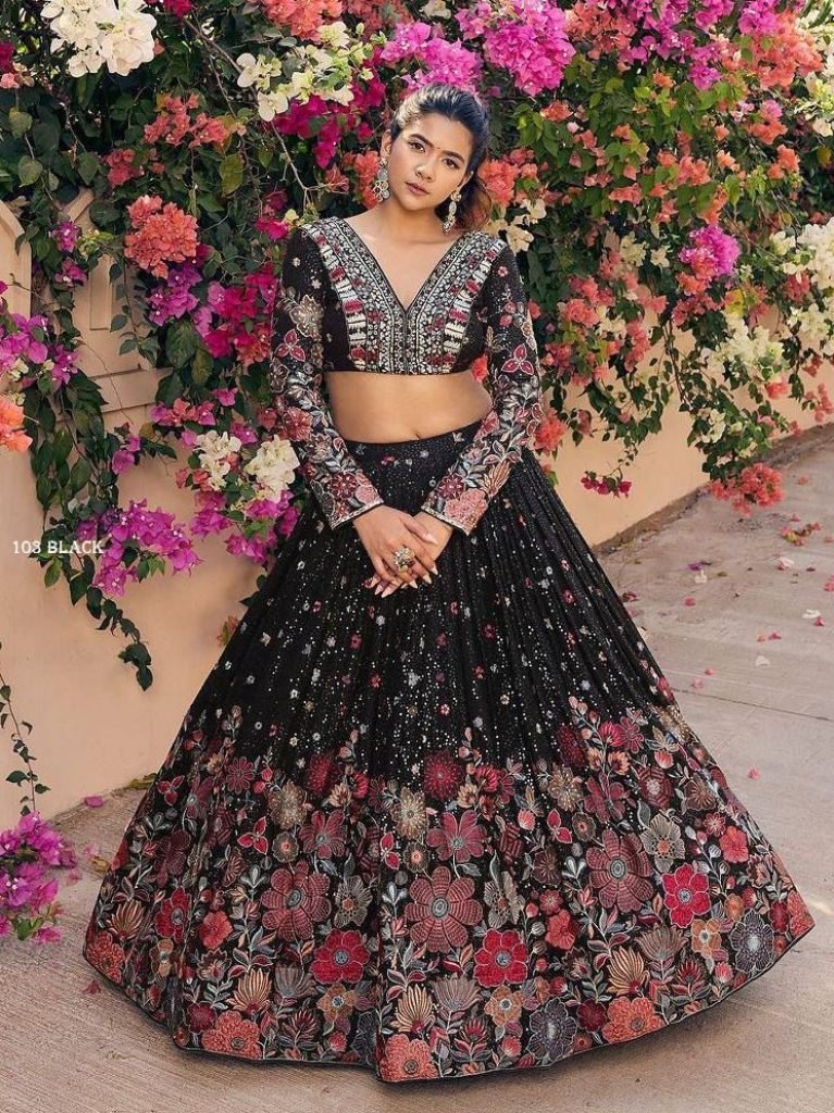 Designer Black Foux Georgette Floral Lehenga Set