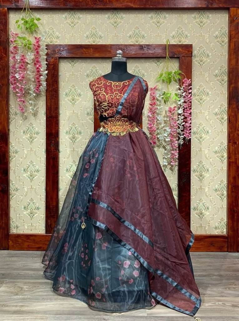 Designer Brown Organza Printed Lehenga for Bridesmaid