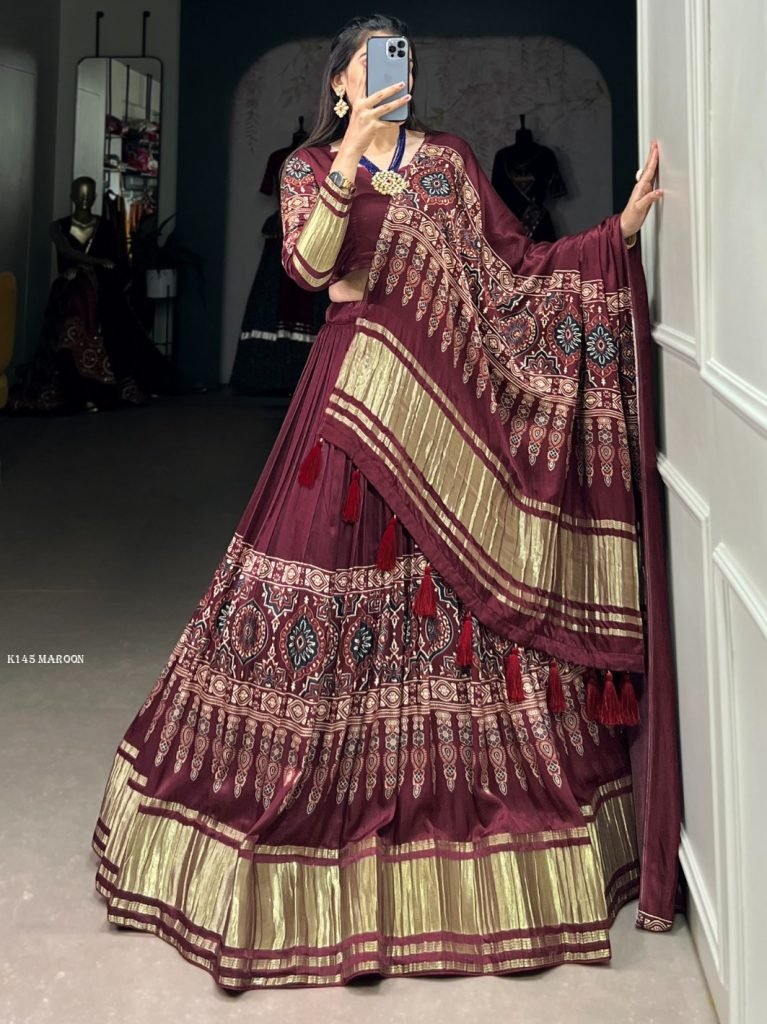 Designer Maroon Gaji Silk Lehenga Choli With Tassel Dupatta