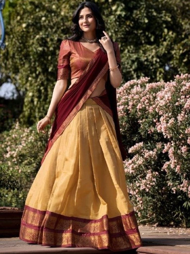 Designer South-Style Kanchipuram Silk Cream Half Lehenga