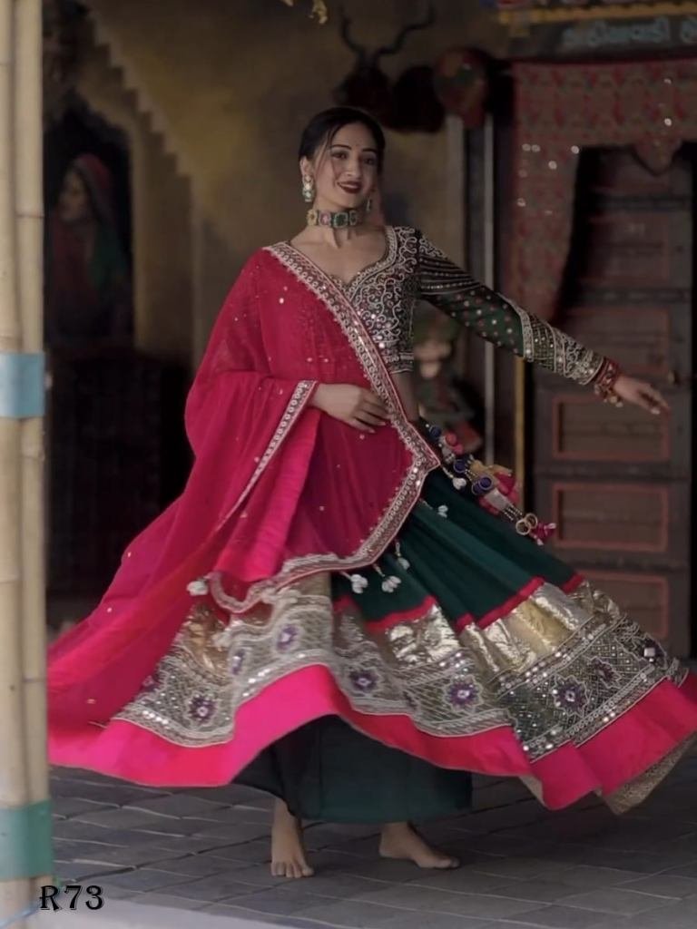 Digital Printed Soft Butter Silk Navaratri Lehenga Choli With Real Mirror Work