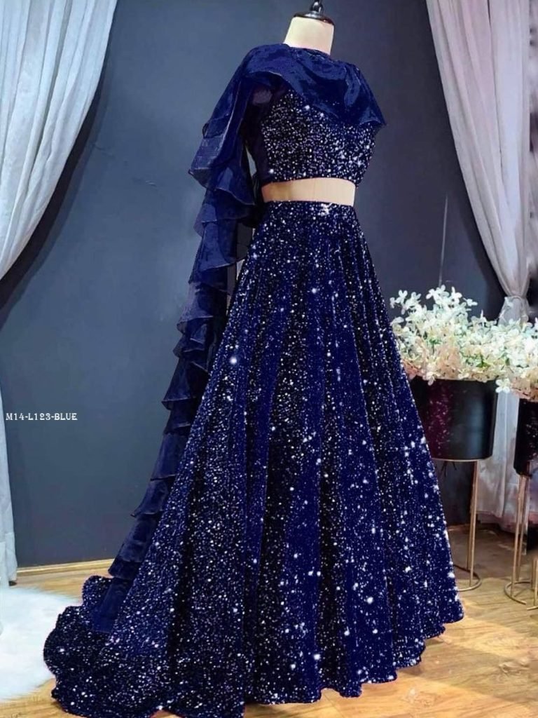 DJ Special Velvet Sequence Blue Lehenga Choli With Ruffle Dupatta