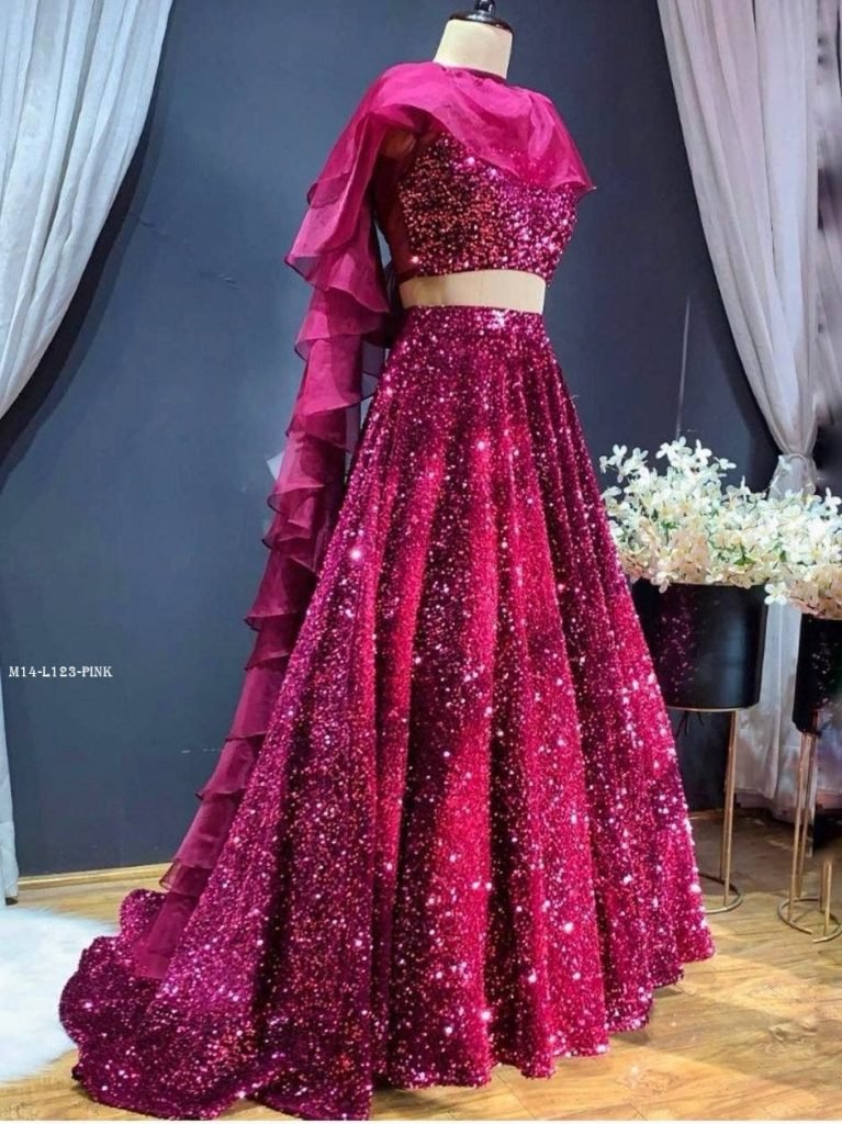DJ Special Velvet Sequence Rani Pink Lehenga Choli With Ruffle Dupatta