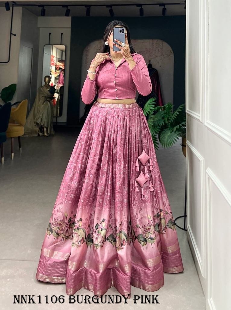 Dola Silk Burgundy Floral Print Pink Lehenga