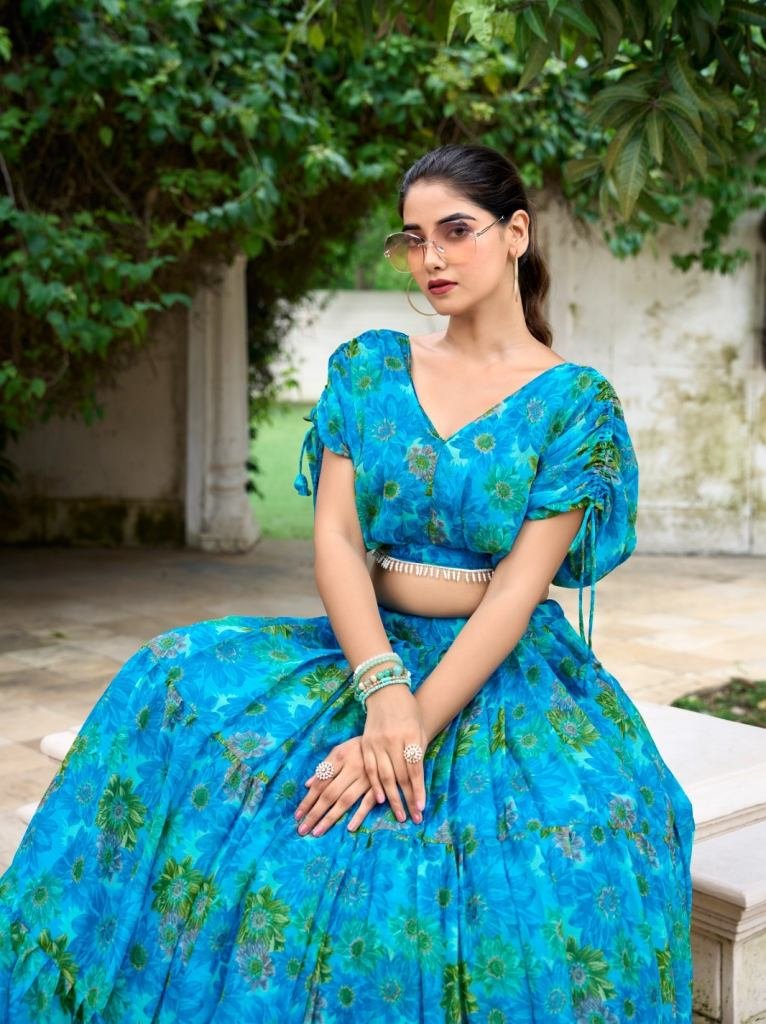 Elegance Sky Blue Floral Printed Crop Top Chiffon Lehenga Choli