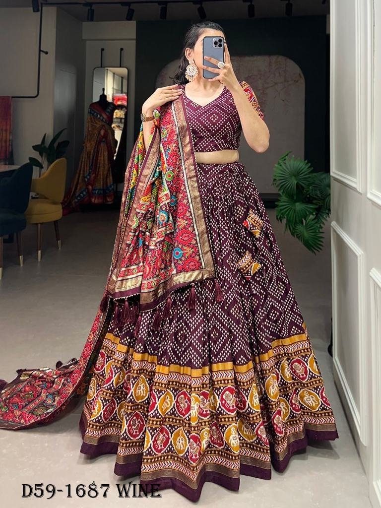 Elegant Wine Bandhej and Patola Print Tussar Silk Lehenga Choli