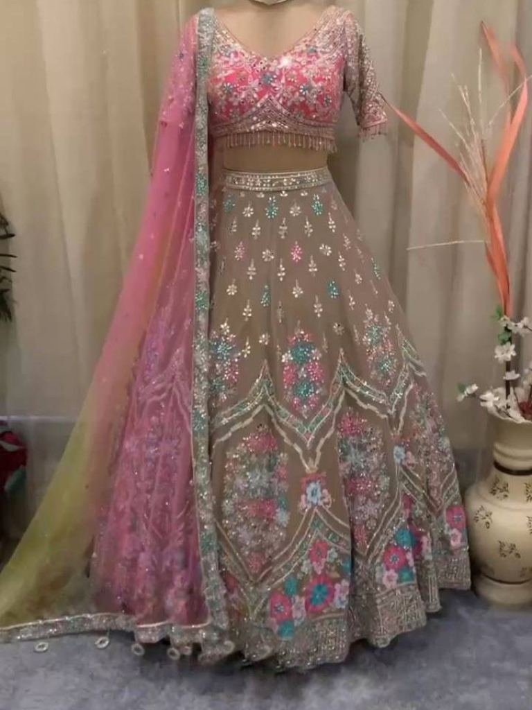 Exceptional Real Mirror 3.5 Meter Flared Pink Net Lehenga Choli