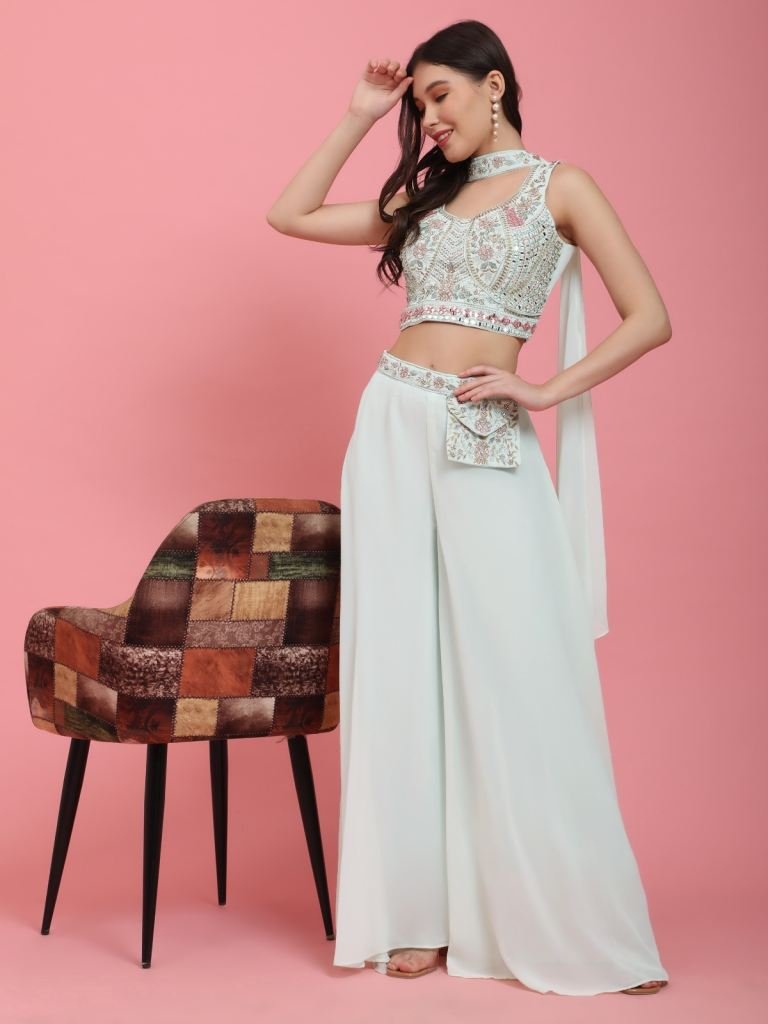 Exclusive Light Pista Embroidery Work Readymade Georgette Crop Top Lehenga