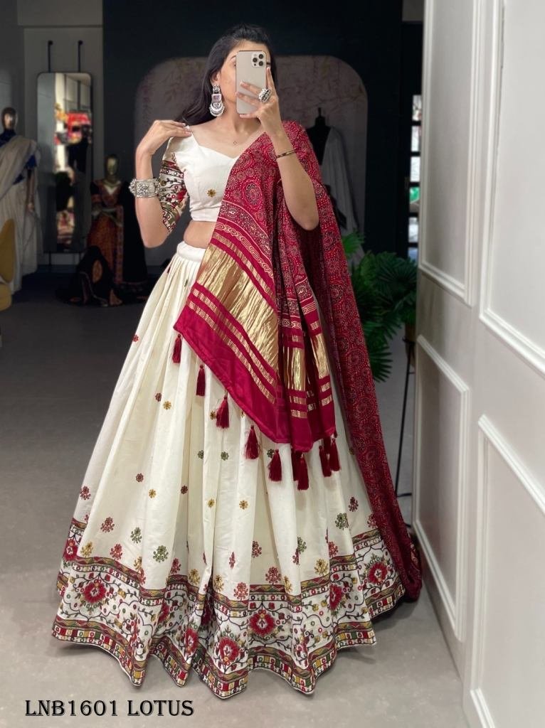 Fancy Cotton White With Red Lotus Pattern Lehenga