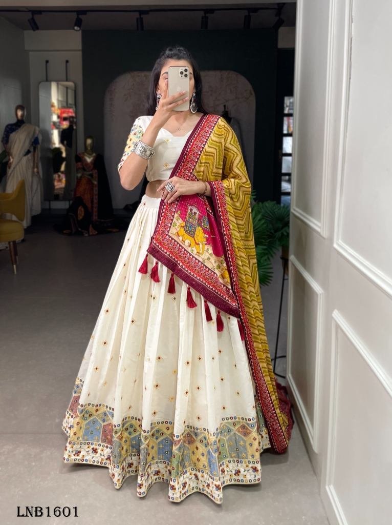 Fancy Cotton White With Yellow Temple Pattern Lehenga