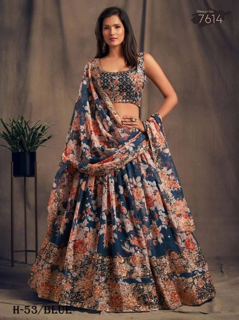 Fancy Printed Blue Lehenga Choli With Dupatta