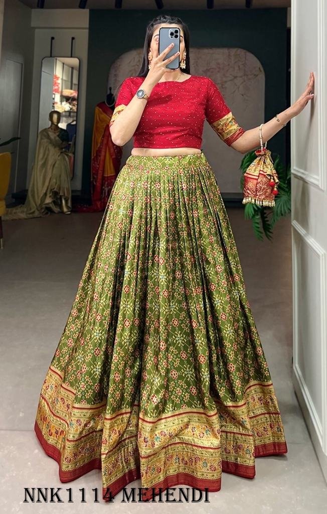 Fashionable Dola Silk Foil Print Mehendi Lehenga Choli