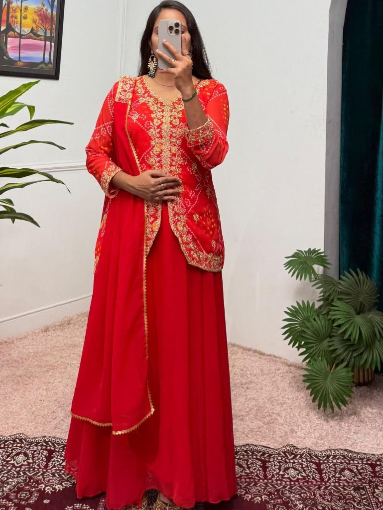 Faux Georgette Red Lehenga Dupatta With Koti