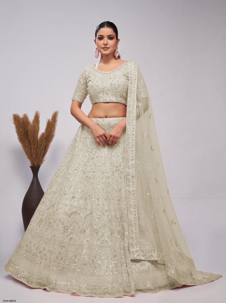 Floral Embroidery White Soft Net Lehenga Choli