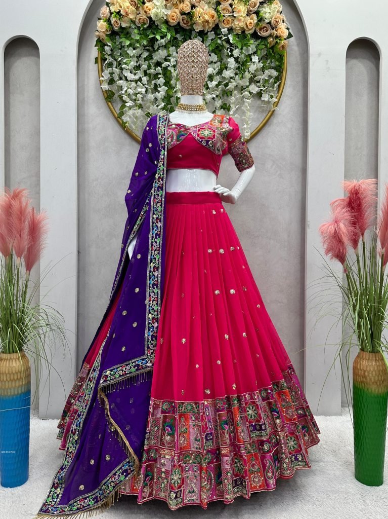 Foux Georgette Thread With Sequence Work Pink Navratri Lehenga