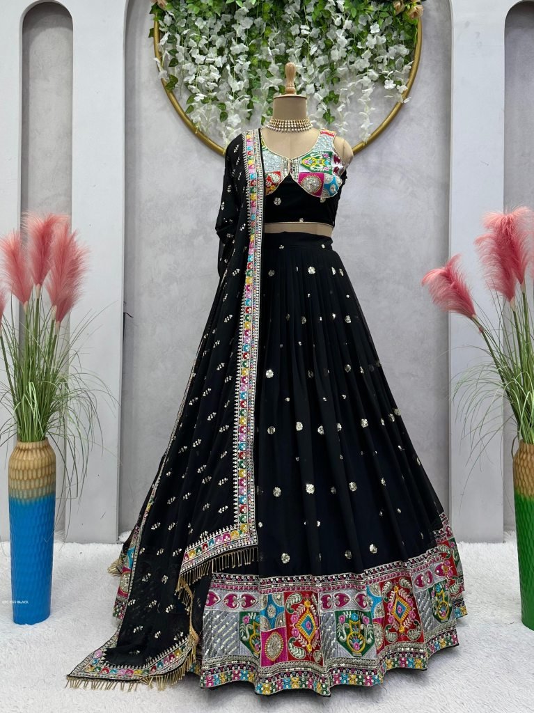 Foux Georgette Thread With Sequence Work Black Navratri Lehenga