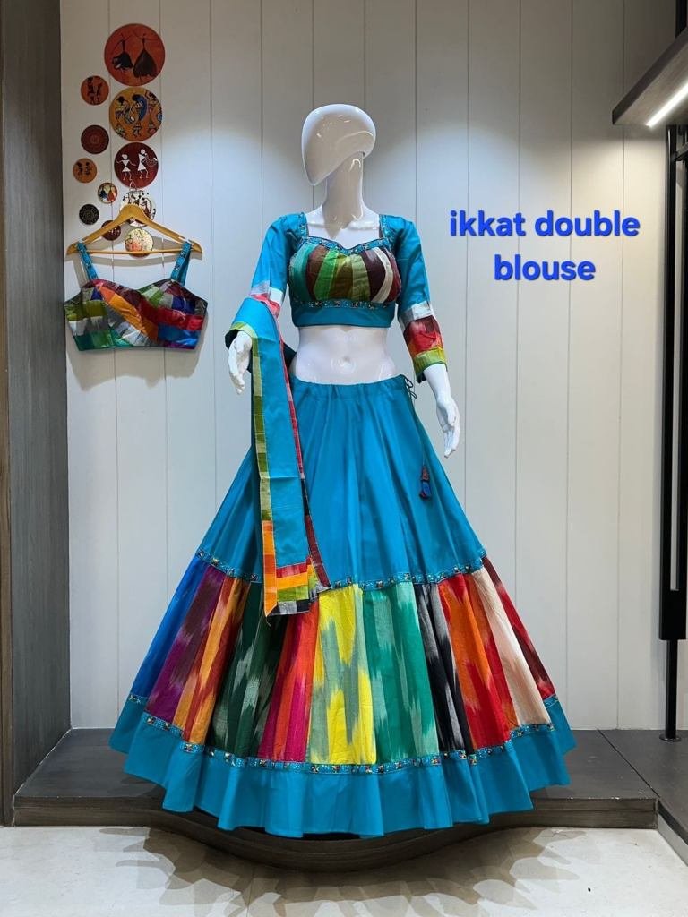 Gamthi Work 8 mtr Flair Chaniya Choli In Ikkat Cotton