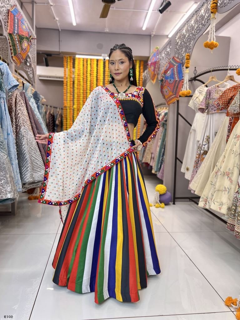 Gamthi Work And Digital Printed Maslin Lehenga Choli