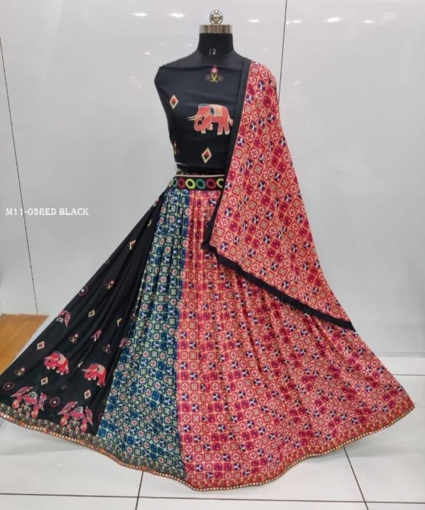 Garba Special Red Black Digital Printed Crepe Semi Stitched Lehenga Choli